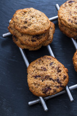 oat cookies with chocolate on ceramic background