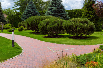 the intersection of footpaths from paving slabs for walks in the park with green lawns and pine trees with mulching along the sidewalk ground street lantern