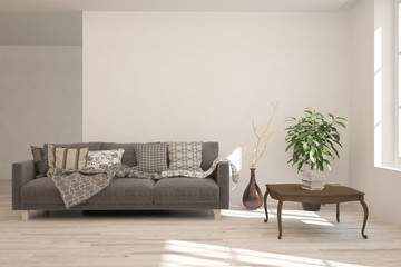 Stylish room in white color with sofa. Scandinavian interior design. 3D illustration
