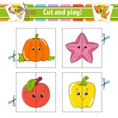 Cut and play. Flash cards. Color puzzle. Education developing worksheet. Activity page. Game for children. Funny character. Isolated vector illustration. Cartoon style.
