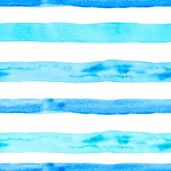 Summer seamless pattern with watercolor light blue horizontal stripes on white background. hand drawn texture with vacation vibes, marine style