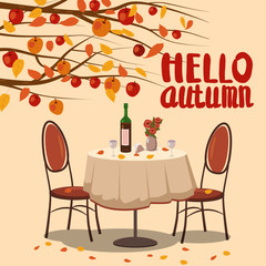 Hello Autumn cafe table with wine for two persons autumn branches of falling leaves foliage, chairs