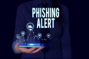 Text sign showing Phishing Alert. Business photo text aware to fraudulent attempt to obtain sensitive information Woman wear formal work suit presenting presentation using smart device