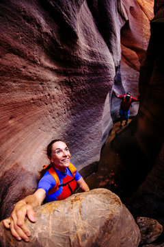 People in Keyhole Canyon, Zion National Park, Utah, USA