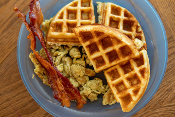 waffles bacon and eggs