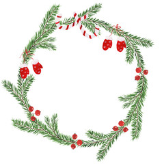 Hand drawn watercolor illustration. Round frame wreath with pine branches, candy cane, berries, mitten. Design for wedding invitations, greeting cards, save the date invitation, prints, postcards.
