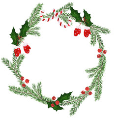 Hand drawn watercolor illustration. Round frame wreath with pine branches, candy cane, berries, mitten. Design for wedding invitations, greeting cards, save the date invitation, prints, postcards.