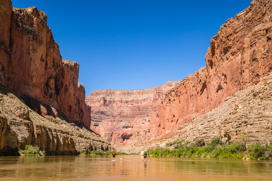 Two people stand up paddling on the Colorado River, Grand Canyon National Park, Arizona, USA.