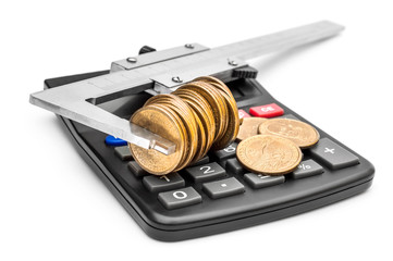 Vernier caliper with money and calculator on white background. Business concept.