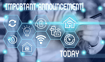 Text sign showing Important Announcement. Business photo showcasing spoken statement that tells showing about something Female human wear formal work suit presenting presentation use smart device