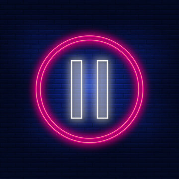 Neon lights pause. Bright commercial break. Modern vector logo, banner, shield, picture of pause sign. Night advertising on the background of a brick wall.