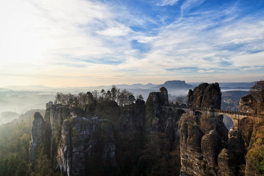 Germany, Saxony, View of Saxon Switzerland National Park at sunset