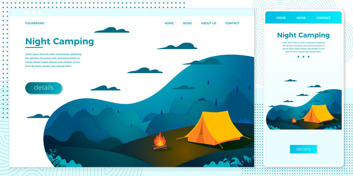 Vector cross platform illustration set - night summer camp, forests, trees and hills on dark background. Browser and mobile phone template with place for your text.