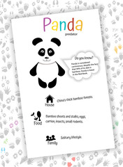 Panda on background of animal tracks. Educational flash card for children, preschoolers. home schooling. for kindergartens, kindergartens. Interesting facts, nutrition, habitat