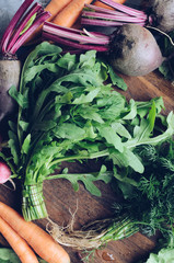 Background texture with assorted raw organic vegetables