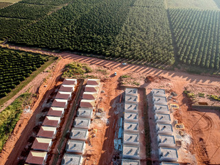 Aerial view of construction site of standardized houses of the Minha Casa Minha Vida Program of the State of Sao Paulo, Brazil