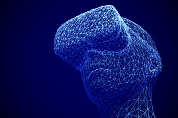 Virtual reality experience concept: man wearing virtual reality glasses. Abstract visualization of cyberspace. Modern entertainment background. Digital head with vr goggles. EPS10 vector illustration