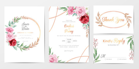 Fototapeta na wymiar Elegant golden flowers wedding invitation cards template set