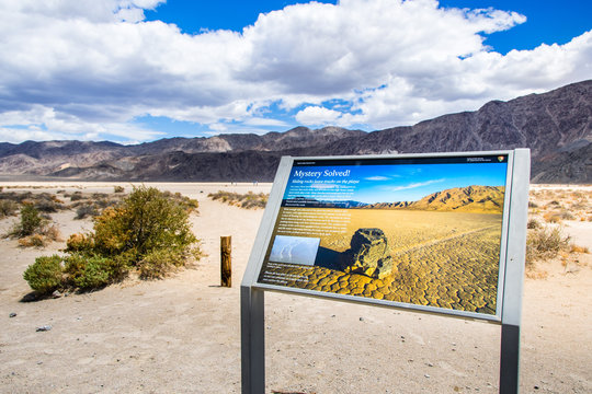 May 27, 2018 Death Valley / CA / USA - Information display providing facts about the Racetrack Playa