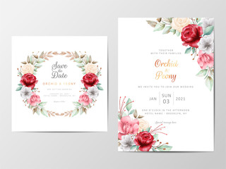 Foliage wedding invitation cards template with watercolor romantic flowers. Save the date, Invitation or Greeting Cards Vector