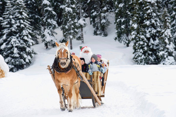 Italy, South Tyrol, Seiseralm, Santa Claus and children taking a sleigh ride