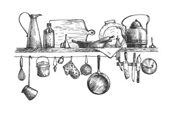 Cooking tools and containers on wall