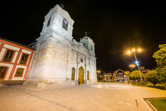 Night view of the Huancayo cathedral in Peru.