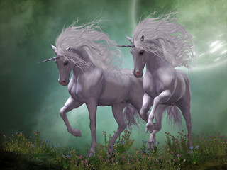 Moonlight Unicorns - Two Unicorn stallions prance around blue and pink flowers as moonlight shines down on them. © Catmando