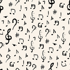 Seamless pattern design with hand drawn musical notes. Vector illustration. For print, digital paper, textile, fabric, hand drawn textures