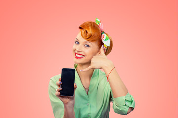 Call me. Pin up style girl with phone