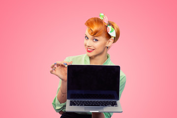 smiling pinup girl green button shirt holding pc computer