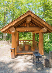 Beautiful summer house from a log of a large tree with barbecue for barbecue in forest