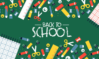 Back to school card cartoon children supplies icon