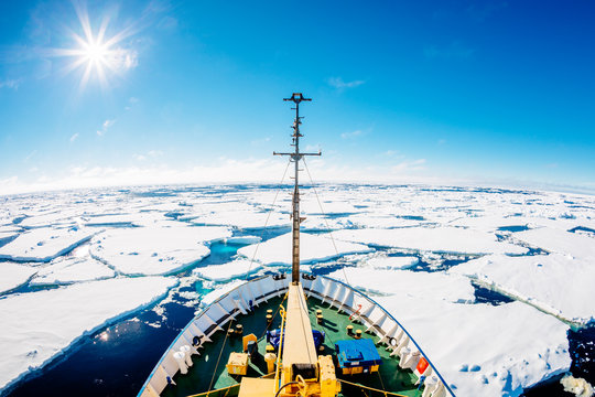 A large research vessel in pack ice, far Southern Ocean en route to Antarctica.