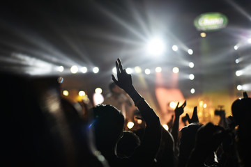 silhouettes of  , Fun concert party rock disco light background.