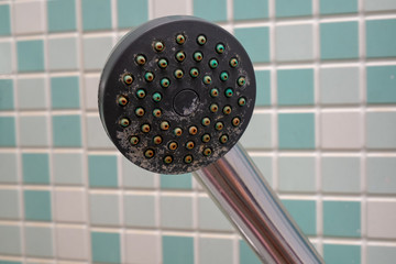 shower head sprayer covered with rust. Clogged holes. Watering can in poor condition