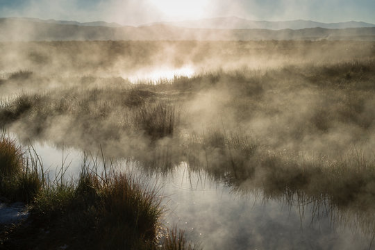 Steam Evolving From Hot Springs At Sierra Mountains