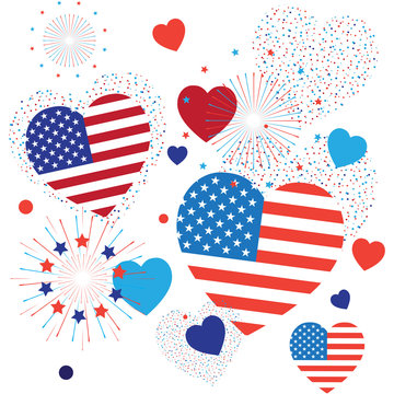 Firework Happy Independence day party holiday festive symbols fireworks heart isolated set symbols american flag color red blue white background, vector icon star burst flat simple template pattern