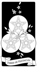 Fototapeta premium Three of pentacles. Tarot cards. Three golden pentacles surrounded by orange blossom flowers