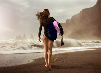 Attractive Young Woman In Short Wet Suit With Two Surf Boards Walking Out To The Sea On A Beach