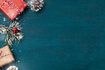 Christmas composition, blank for design - gifts and decorations on a textured background, copy...