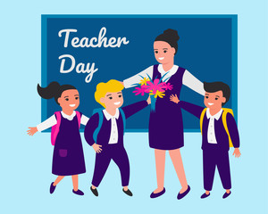 Schoolchild congratulate teacher on occasion, give flowers. Teacher's Day. Back to school. Vector illustration on background of blackboard