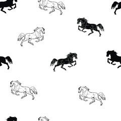 vectorized seamless monochrome background of  figures and silhouettes painted with and black galloping horses on white background 