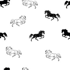 seamless monochrome background of  figures and silhouettes painted with and black galloping horses on white background 