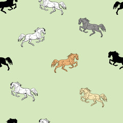  seamless background of colored shapes and silhouettes of horses, on a colored background 
