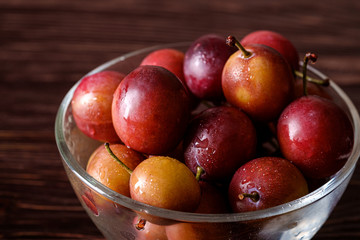 Naklejka na ściany i meble Ripe sweet plum fruits with water drops in glass bowl on dark moody wood table background