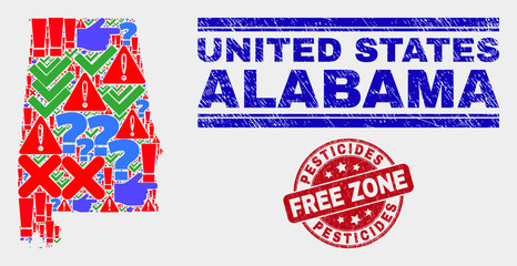 Sign Mosaic Alabama State map and seal stamps. Red rounded Pesticides Free Zone scratched seal stamp. Colored Alabama State map mosaic of different scattered items. Vector abstract composition.