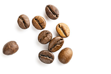 Roasted coffee beans for espresso, cappuccino on white background.