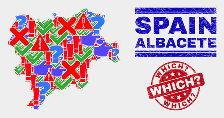 Symbol Mosaic Albacete Province map and stamps. Red rounded Which? distress stamp. Colored Albacete Province map mosaic of different scattered elements. Vector abstract collage.