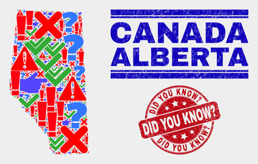 Symbolic Mosaic Alberta Province map and seal stamps. Red rounded Did You Know? scratched seal. Colored Alberta Province map mosaic of different randomized elements. Vector abstract combination.